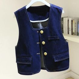 Women's Vests Vintage Dark Blue V Neck Denim Vest Women Slim Short Student Cowboy Waistcoat Spring Summer Thin Sleeveless Jeans Jacket