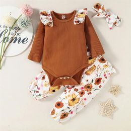 Clothing Sets Going Home Baby Girl Outfit Infant Girls Ruffle Solid Colour Long Sleeve Ribbed Romper Bodysuit Floral Clothes 5 6