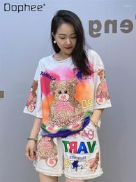 Women's Tracksuits Beaded Cartoon Bear Shorts Casual Suit Women 2024 Summer Loose Printed Rhinestone Fixed Short Sleeve T-shirt Two-Piece