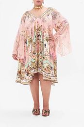 Casual Dresses Women V-neck Crystal Beaded Flare Sleeve Pink Flower Print Silk Multi-layer Edge Mini Dress