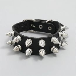 Pu Leather Studded Bracelet Punk Spike Rivets Cuff Metal Black Wristband Adjustable Cuff Bangle
