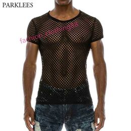 Mens Mesh See-through Fishnet T Shirt Fashion Sexy Short Sleeve Nightclub Wear T-shirt Men Party Perform Streetwear Tops 210706