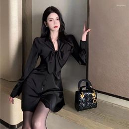 Casual Dresses Light Mature Style Sexy Slim Fit Black Dress For Women Autumn Korean Chic Waist Long Sleeve Shirt A-line Short