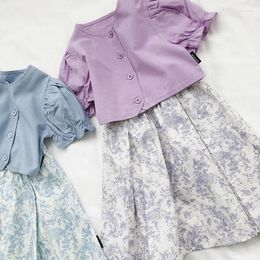 Clothing Sets 2024 Summer Child Clothes Short Sleeve Ruffles T-shirt Purple Floral Skirts 2 Piece Designer Girls 18M-6T