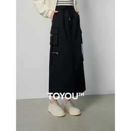 Toyouth Women Skirt Spring Drawstring Waist Straight Loose H-shape Large Pocket Fashion Casual Cool Black Mid-length Skirt 240513