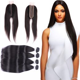 Brazilian Virgin Hair Extensions 10-30inch Human Hair 4 Bundles With 2X6 Lace Closure Straight Hair Wefts With 2*6 Middle Part Ixcwb