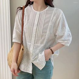 Women's Blouses White Doll Blouse Summer 2024 French Sweet Crewneck Organ Patchwork Cotton Short-Sleeved Shirt