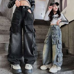 Dżinsy towarowe dla dziewcząt 2024 Spring luźne swobodne elastyczne talia nastolatki dla dzieci szerokie nogi Projekt Streetwear Kids Spodni L2405