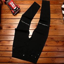 Men's Jeans Black Motorcycle Zipper Design Street Trend Personality Slim Fit Skinny Fashionable Stretch High-End Casual Trousers