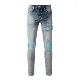 Men's Jeans High Streetwear Distressed Light Blue Damaged Holes Ribs Patchwork Skinny Stretch Ripped Come With Original Tags