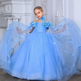 Christening dresses Blue pink floral girl wedding dress with floral chiffon on the shoulder childrens birthday party first communion Christmas ball dress Q240521