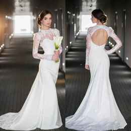 Mermaid Romantic Long Sleeves Wedding Dress Sexy Backless Ivory Satin and Lace Bridal Gowns Appliues Court Train Beach Bride Dresses Open Back