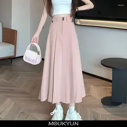 Skirts MOUKYUN High Waist Long Hip Skirt Temperament Basic Pink Loose A-Line Female Elegant Pleated