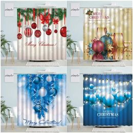 Shower Curtains Christmas Ball Green Pine Branch Red Blue White Xmas Decor Holiday Polyester Fabric Bathroom Curtain With Hooks