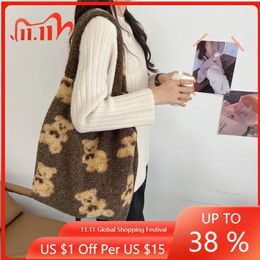 Shopping Bags Women Lamb Shoulder Tote Bag Canvas Fluffy Fur Bear Handbags Large Capacity Soft Girls Cute School Bolsos 2024