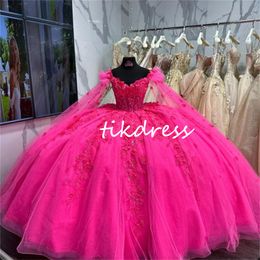 Vintage Hot Pink Quinceanera Dresses 2024 Charro Vestio De 15 Quinceanera Xv Anos Sixteen Masquerade Appliques Lace Birthday Party Gowns 3D Flowers Pageant Gown