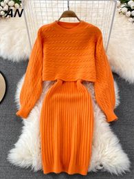 Work Dresses Womens Two Peice Sets Autumn/Winter Style Knitting Fried Dough Twists Braid Sweater Suspender Skirt Vest Long Dress