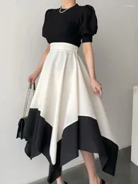 Work Dresses Elegant Women O-neck Slim Fit Bubble Sleeve T-shirt High Waist Contrast Irregular A-line Skirt Fashion Set 2024 Summer M880