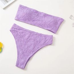 Women's Swimwear High Waist Purple Bikini Set Bandeau Swimsuit Twisted Pleated Textured Luxury Beach Thong Women Two Piece Bathing Suit