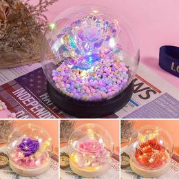 Decorative Objects Figurines Girl Artistic Eternal Flower Galaxy Rose in Glass Dome Beauty and Beast LED lights for wedding parties Valentines Day H240522