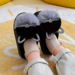 Childrens Cotton Slippers Princess Warm Kids Winter Cute Cat Cartoon Diamond Furry Shoes Little Girl Soft Bottom Home Shoes 240507
