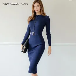 Casual Dresses Knitted Women Spring Fall Solid Single Breasted Long Sleeve Slim Sexy Back Slit Sheath Sweater Dress With Belt