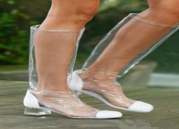 2018 Spring Summer Square Heels 4 cm PVC Clear Knie High Stiefel Big Size 4048 Reißverschlussschuhe für Frauen Regenstiefel9798684