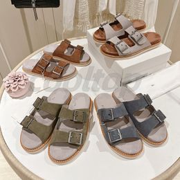 2024 slippers for men women slides designer Flip Flops Flat Sandals for Beach Comfort Calfskin Leather Natural Suede Goatskin in Brown and Black