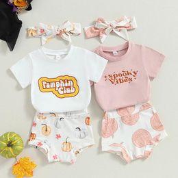 Clothing Sets Toddler Baby Girls Halloween Clothes Letter Pumpkin Print Short Sleeve T-Shirt And Elastic Shorts Headband Set Summer Outfits
