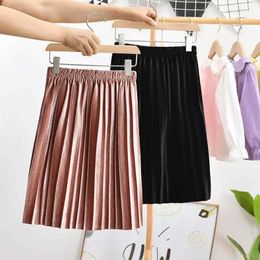 Skirts Childrens Pleated Skirt Girls Velvet Half Skirt BabyS Medium Length Skirt Autumn Winter Korean Medium To Large Kids Skirt Y240522