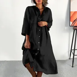 Casual Dresses Cotton Linen Shirt Dress Soft Texture Stylish Women's Stand Collar Midi Loose Fit 3/4 Sleeve Solid For Summer