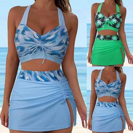 Women's Swimwear Sexy Swimsuit Two Piece Suit Printed Halter Bra Top Drawstring Side Slit Beach Skirt Summer Fashion Bathing