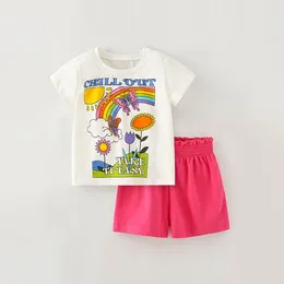 Clothing Sets 2-7T Children Cotton 2piece Set Girl's Summer Cute Beige Cartoon Print O-neck T-shirt Elastic Ruffles Pink Straight Shorts