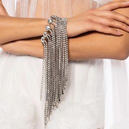 Link Bracelets Fashion Gorgeous Rhinestone Long Tassel Hand Bracelet Wristband Jewellery Women Hollow Charm Fringed Rectangle Bangl