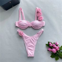 Sexy Flower Shiny Pink Push Up Bikini 2024 Women Swimwear Underwired Swimsuit High Cut Bathing Suit Wrinkled Bikinis Set Biquini 240509