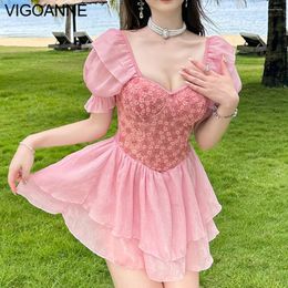 Women's Swimwear VigoAnne Pink Short Sleeve Dress Women 2024 Sexy Push Up One Piece Swimsuit Korean Monokini Summer Beach Bathing Suit