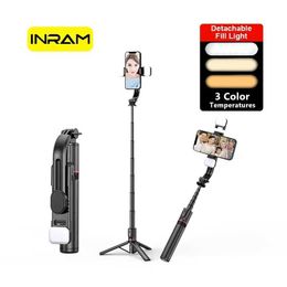 Selfie Monopods INRAM-L12d foldable wireless Bluetooth selfie stick tripod with remote control shutter mini treble party isolation trip d240522