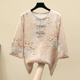 Women's Blouses Chinese Style Short Top With Button Design For Cotton And Linen Chic Shirt Trend Female Ethnic Print Q759