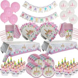 Unicorn Party Disposable Tableware Set Girl Birthday Party Decoration Unicornio Decor Plates Cup Banner Baby Shower Gift 240522