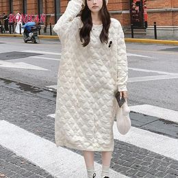 Casual Dresses Rhomb Cotton Thickened Guards Dress Autumn And Winter Mid Length Split White Women Round Neck Maxi For