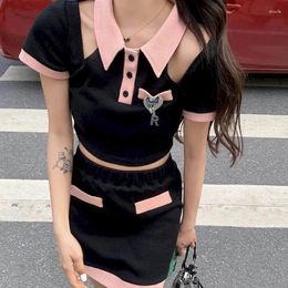 Work Dresses Dress Sets Two Piece Women Outfits Korean Fashion Hole Sweet Short Sleeved Polo-neck T-shirt And A-line Skirts For