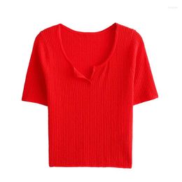 Women's T Shirts YENKYE Sexy Open Collar Short Sleeve Red Knit Shirt Women Summer Crop Top Ropa De Mujer