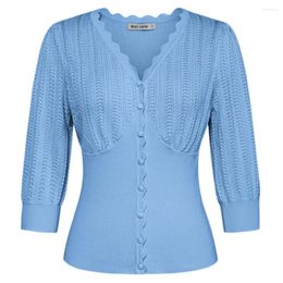 Women's Knits Women Knitted Cardigan Partially Textured 3/4 Sleeve V-Neck Slim Fit Button-Up Sweater Blusa Feminina Blouses And Shirts