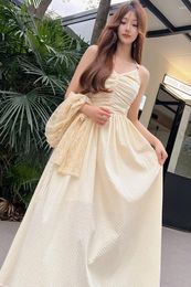 Casual Dresses Dabuwawa Suspender Dress High Waist Slim Pleated Long Skirt Summer Vintage Women DM1BDR131