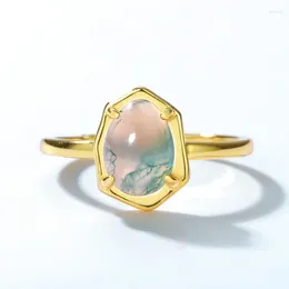 Cluster Rings Natural Green Moss Agate Ring S925 Sterling Silver 10k Gold Plated Adjustable Women Gemstone Jewellery Anillos Mujer