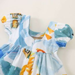 New Baby Girls Dress Big Bow Square Collar Bubble Sleeve A-Line Skirt Summer Hand-Painted Wind Cartoon Rabbit