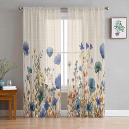 Curtain Watercolour Chrysanthemum Leaves Tulle Curtains For Living Room Bedroom Children Decor Sheer