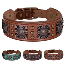Dog Collars Leashes 2inch Wide Luxury Genuine Leather Collar Cool Spikes Durable Metal Rivet for Pitbull German Shepherd H240522