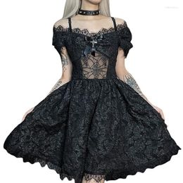 Casual Dresses Women Gothic Dress Summer Clothes Lolita Short Puff Sleeve Off Shoulder Lace Solid Colour Retro Sexy Club