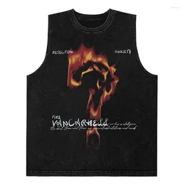 Men's Tank Tops Summer Men Hip Hop Vintage Fire Flame Mark Graphic Print Sleeveless T-Shirt 2024 Streetwear Casual Cotton Loose Vests